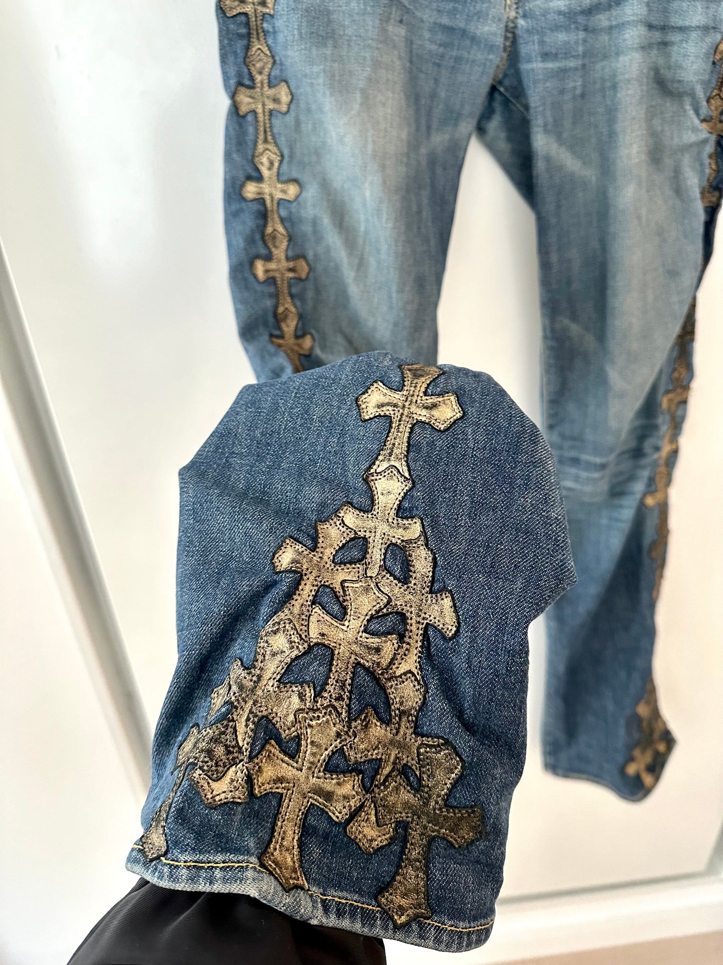 Chrome Hearts Gold Cross Patched Jeans